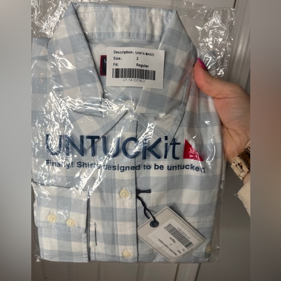 UNTUCKIT NWT Santa Marzi Blue White Checkered Button Down Size 2 - Picture 6 of 6